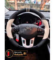 Kia Sportage SL Dikme Direksiyon Kılıfı Delikli Deri Parlak Siyah Bej Detay Çift Yüzük ve Dikiş 2010-2015