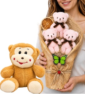 Peluş Hediye Seti Sevimli Mutlu Peluş Maymun ve Büyük Boy Peluş Ayıcık Buketi