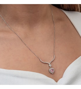 Pembe Taşlı Kalp Zirkon Taşlı 925 Ayar Gümüş Kadın Kolye