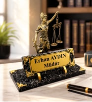 Kişiye Özel Mermer Desenli Masaüstü İsimlik ve Adalet Heykeli