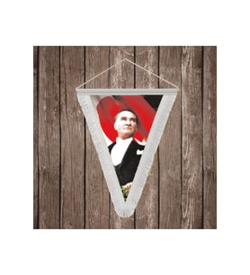 Mustafa Kemal Atatürk Altın İmzalı Beyaz Saçaklı Üçgen Flama Bayrak Hatıra Flama ATA14
