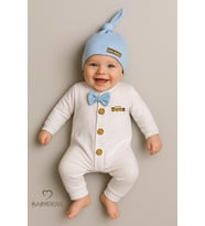 BABYDEN'S Minik Patron Erkek Bebek Düğmeli Tulum ve Bere Seti – Papyonlu,Manşetli Paça, %100 Pamuk Bebek Tulum (Mavi)