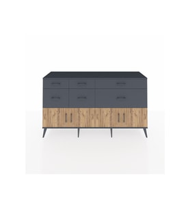 Kronos Konsol Tek Raflı 6 Çekmeceli 4 Kapaklı 176x59x99 Antrasit-Çam/Antrasit