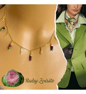 Manna by Banu, NEŞELİ AŞK Kolye, Doğal Taş, Ruby Zoisite, Altın Kaplama, El Yapımı, Kadın Gerdanlık