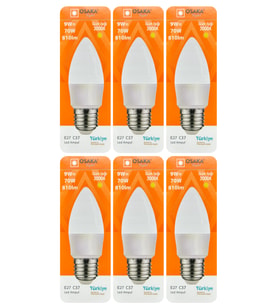 (6 Adet) Osaka 9W (70W) Sarı Işık (3000K) E27 Duylu (Kalın Duy) Led Mum Ampul