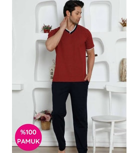 Erkek Desenli V Yaka Düğmesiz %100 Pamuk Kısa Kol Cepli Pijama Takımı (Bordo)