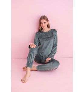 Pijamerry Kadın Kışlık Bisiklet Yaka Kadife Pijama Takımı 3036Y - 1 Adet (Su Yeşili)