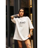 Unisex Bisiklet Yaka Baskılı Oversize T-Shirt - Beyaz
