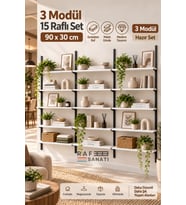 3 Modül 90x30 cm 15 Raflı Geniş Mağaza Duvar Rafı Konik Dikme Sistem Beyaz Suntalam