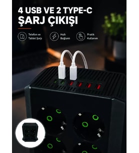 8'li Dikey Çoklu Priz 4 USB 2 Type-C Akım Korumalı Anahtarlı Priz