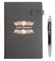Kişiye Özel Çiçek Desen Baskılı İsme Özel Defter ve Kalem