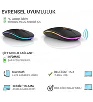 Kablosuz Mouse, Çift Modlu (Bluetooth 5.0 + 2.4Ghz USB) Şarj Edilebilir RGB Işıklı Sessiz Mouse, PC, Laptop, Macbook, Tablet, iPad, Telefon Uyumlu (BGMS, Siyah)