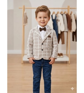 Erkek Çocuk Bej Kareli Blazer Ceketli Papyonlu 3’lü Takım