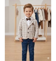 Erkek Çocuk Bej Kareli Blazer Ceketli Papyonlu 3’lü Takım