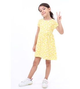 Toontoy Kız Çocuk Bel Kurdela Detaylı Komple Baskılı Elbise (Açık Sarı)