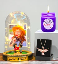 Premium Hediye Seti Size Özel Led Işıklı Fanus, Kokulu Mum ve Ametist Taşlı Anka Kuşu Kolye (Model 6)