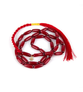 Sıkma Kehribar Uzun Arpa Kesim 7x18mm Tesbih - Kırmızı