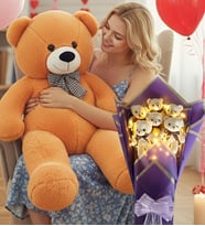 90 Cm Peluş Ayı ve LED Işıklı Mor Peluş Ayıcık Buketi Seti Sevgiliye Hediye Hediye Doğum Günü Özel Gün Seti (Kahverengi Açık)