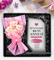 Anneler Gününe Özel Kişiye Özel Kristal Cam Plaket & Üçlü Peluş Ayıcık Buketi