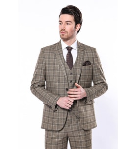 Ekose Slim Fit Kahverengi Erkek Ceket - Wessi (Bej)