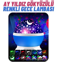 360° Dönen Projeksiyon Renkli Işıklı Gece Lambası Ay ve Yıldızlı Gökyüzü Yansıtmalı (Mavi)