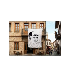 Siyah - Beyaz Mustafa Kemal Atatürk Silüeti ve İmza Poster Bayrak Premium Raşel Kumaş 300x450cm ATA27