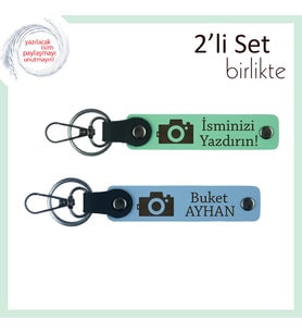 Fotoğraf Figürlü Tarz Sahibi Hediyelik, Kız Sevgiliye Yazı Eklenebilir Deri Set, Açık Yeşil-Gök Mavi