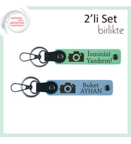 Fotoğraf Figürlü Tarz Sahibi Hediyelik, Kız Sevgiliye Yazı Eklenebilir Deri Set, Açık Yeşil-Gök Mavi