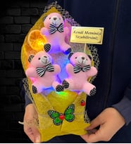 Renkli Led Işıklı Kişiye Özel Pembe Ayıcıklı Premium Peluş Ayıcık Buketi (Model 3)