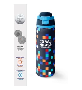 CORAL HIGH 38513 KIDS HIGH LACİVERT GEOMETRİK DESENLİ PİPETLİ VE DİREKT İÇİM ÇELİK TERMOS 800ML
