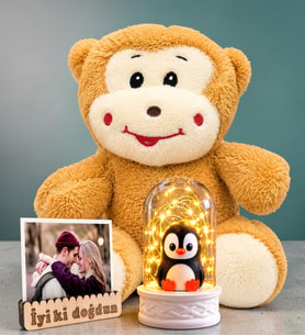Fotoğraflı Doğum Günü Hediyesi Peluş Maymun ve Led Işıklı Penguenli Fanus Hediye Seti