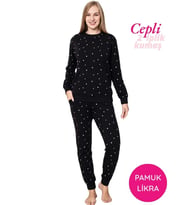 Guava Kadın Bisiklet Yaka Düğmesiz Bilek Manşet/Lastikli 2 İplik Cepli Kışlık Jogger Eşofman Pijama Takımı (Siyah)