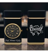 İsme Özel Aşçı - Chef  Logolu Turbo Jet Işıklı Saatli Çakmak