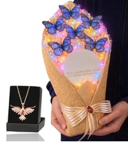 Renkli Led Işıklı Aynalı Kelebek Buketi ve Zümrüdü Anka Kuşu Kolye (Mavi)