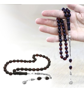 Damla Kehribar Tesbih - 925 Ayar Kral Zincir Püsküllü - Koyu Kırmızı Renk - Arpa Kesim