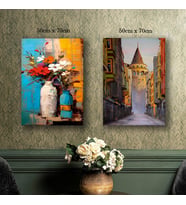 galata kulesi saksı çiçek tablo resim kanvas 2 adet 50x70