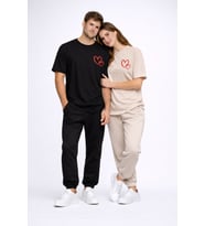 Sevgili Kombini Kalp Baskılı Oversize Çift Tişört Unisex Uyumlu Partner Kombin Seti (Bej)