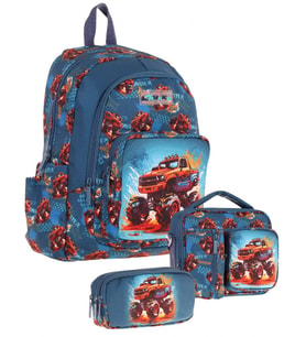 Kaukko Kids Erkek Çocuk Arazi Aracı Baskılı Üçlü Okul Çanta Seti(Okul Çantası+Beslenme Çantası+Kalemlik)