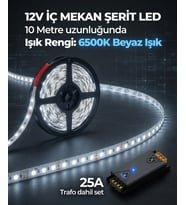 10 Metre 12V 6500K Beyaz Işık Şerit Led + 12V 25A Slim Led Trafosu Hazır Set