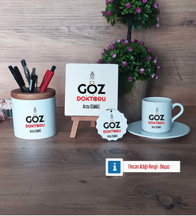 Göz Doktoru Hediye Seti Dekoratif Taş, Kalemlik, Ahşap Altlıklı Türk Kahvesi Fincanı, Ahşap Anahtarlık Hediye (Model 2)