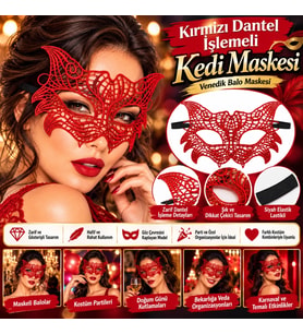 Kırmızı Dantel İşlemeli Kedi Maskesi – Venedik Balo Maskesi