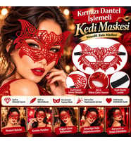 Kırmızı Dantel İşlemeli Kedi Maskesi – Venedik Balo Maskesi