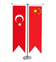 Masa Üstü Kırlangıç Çin + Türk Bayrağı + Krom T Direk Masa Bayrak Seti