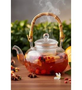 Bambu Saplı Cam Süzgeçli Demlik 1200 ml (CAM BİTKİ ÇAYI DEMLİĞİ)