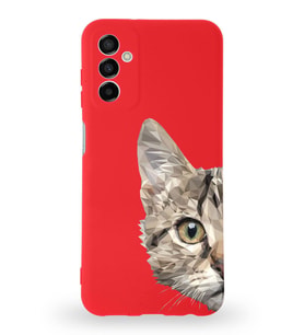 Samsung Galaxy M23 Uyumlu Lansman Kılıf Catface Tasarımlı İçi Kadife Kapak-Kırmızı (Şeffaf)