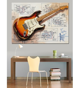 Eskiz Fonlu Vintage Gitar Dekoratif Kanvas - Mdf Ahşap Tablo