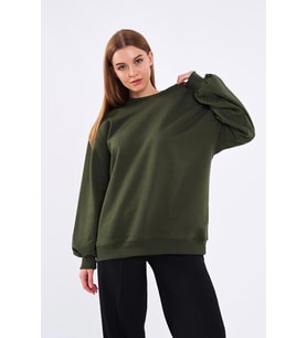 Haki Kadın Pamuklu Oversize Basic Bisiklet Yaka  Sweatshirt