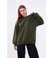 Haki Kadın Pamuklu Oversize Basic Bisiklet Yaka  Sweatshirt