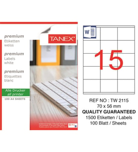 Tanex Lazer Etiket tw-2115 100 A4 Sayfa Laser Etiket 70 x 56 mm Boyutunda 1 A4 Sayfada 15 Etiket