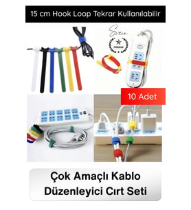 #Düzenleyici Organizer Naylon Siyah Çok Amaçlı Kablo Düzenleyici Cırt Cırtlı Kelepçe Seti 10 Adet 15